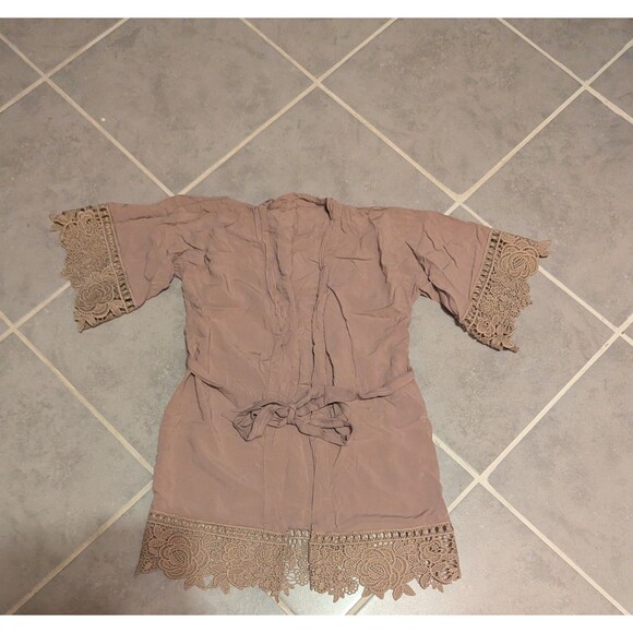 Women’s Boho Kimono Cardigan Lace Trim Open Front Tie Waist - Picture 4 of 5